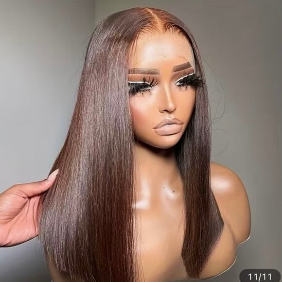 Chocolate Auburn Brown Human Hair 16" Glueless Wig NWT - Picture 4 of 7